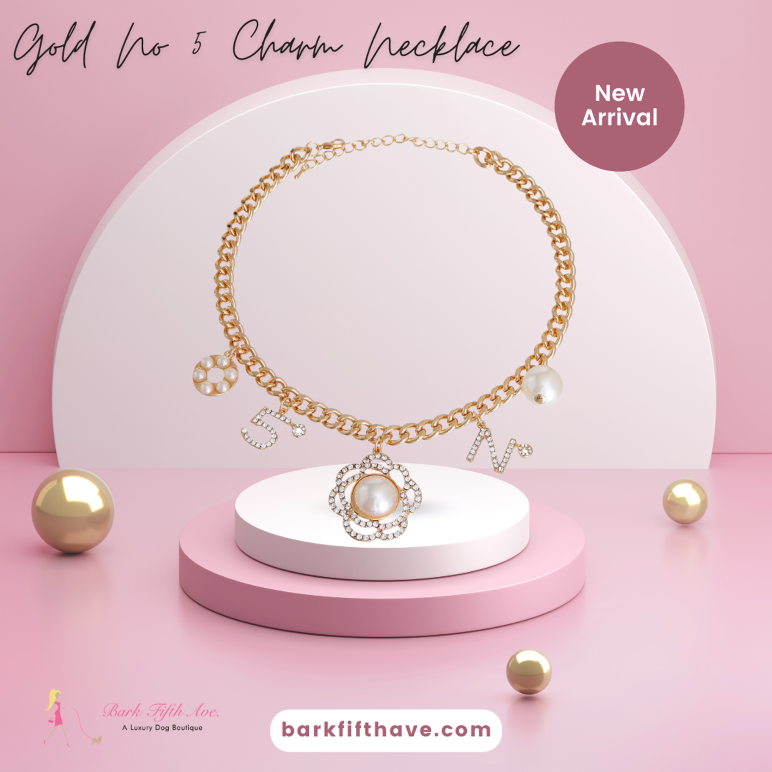Bark Fifth Avenue Gold No 5 Charm Necklace Dog Collars