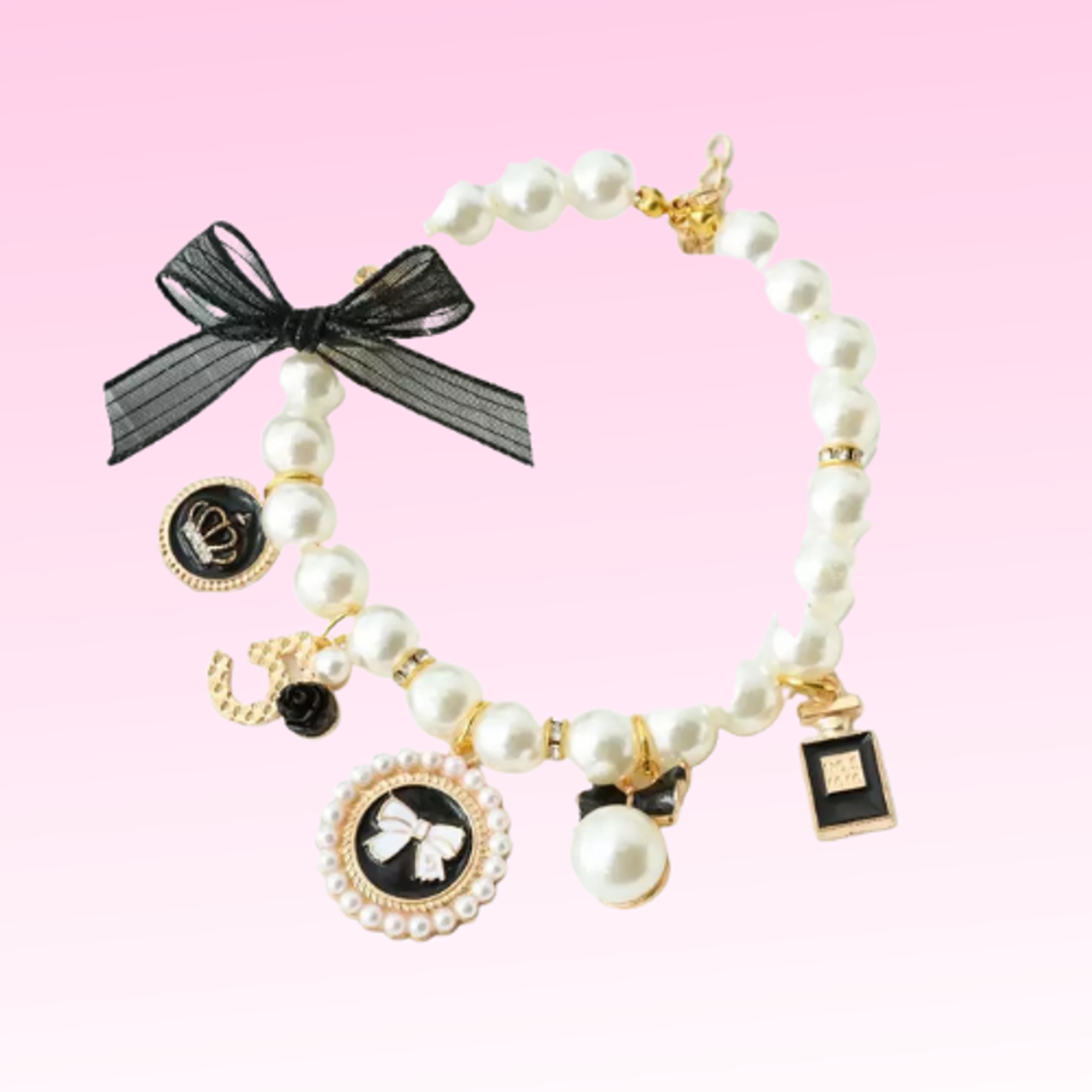 Bark Fifth Avenue Pearls and Bow Charm Necklace Pet Accessories