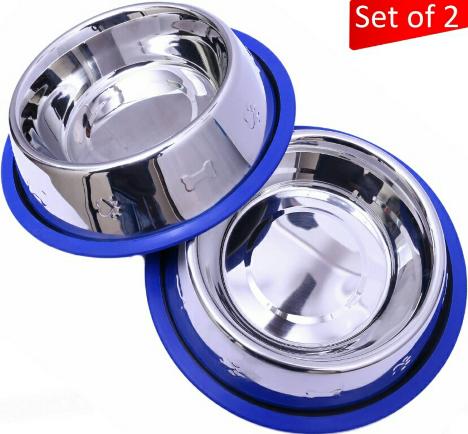 Mr. Peanut's Premium Products LLC Etched Stainless Steel Dog Bowls with Blue Silicone Base Food & Water Bowls