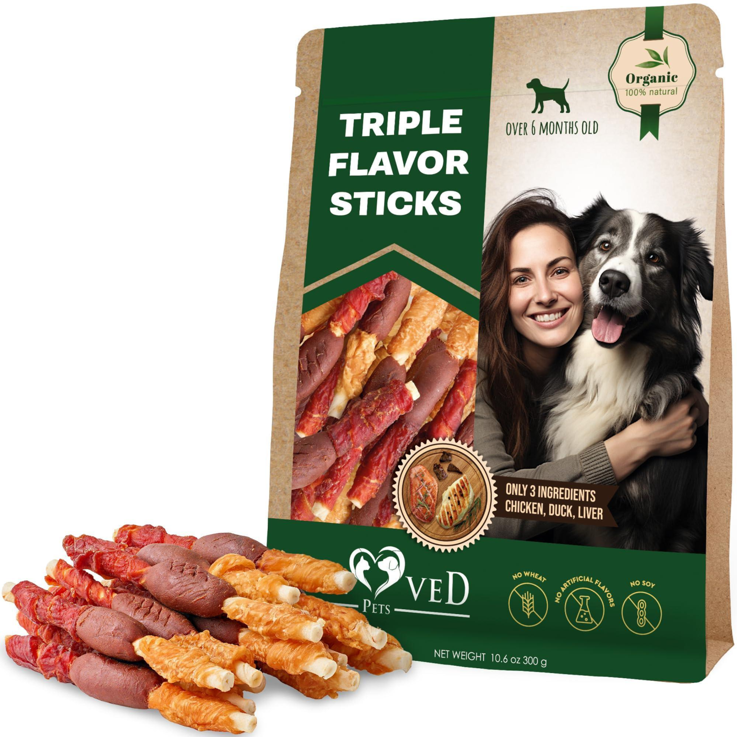 Onlihub Inc Triple Flavor Dog Rawhide Treats Duck & Chicken Human Grade Meat Natural & Organic Pet Dried Snacks Grain Free Long Lasting Chews for Large & Small Do Vitamins & Supplements