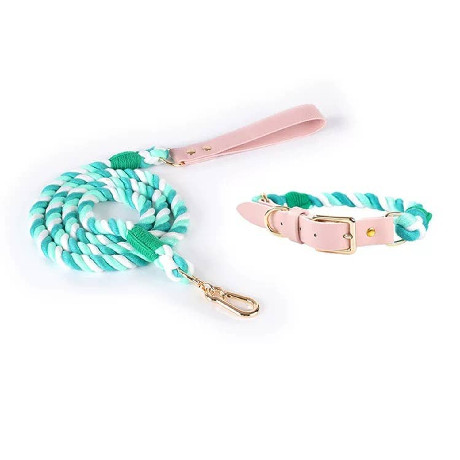 Pawsome Pets CA Luxe Royal Leather Rope Leash and Collar Set Dog Collars