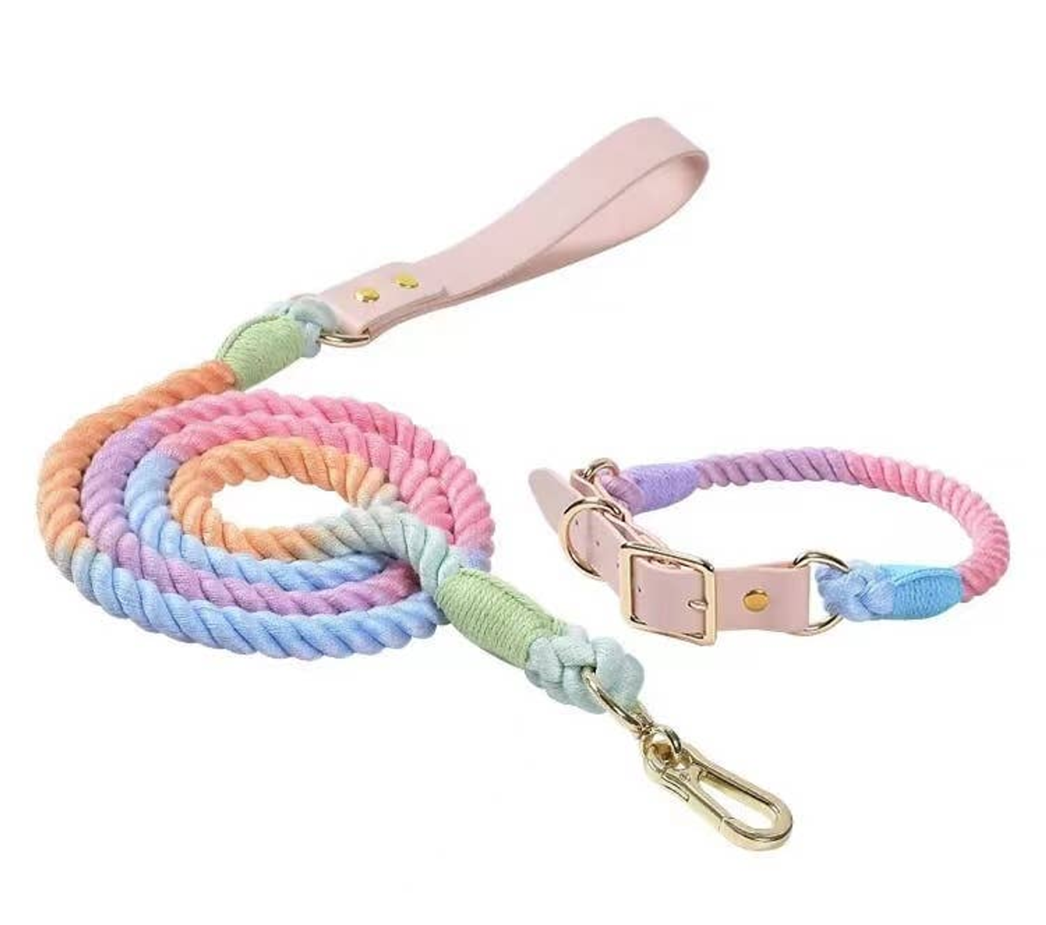 Pawsome Pets CA Luxe Royal Leather Rope Leash and Collar Set Dog Collars