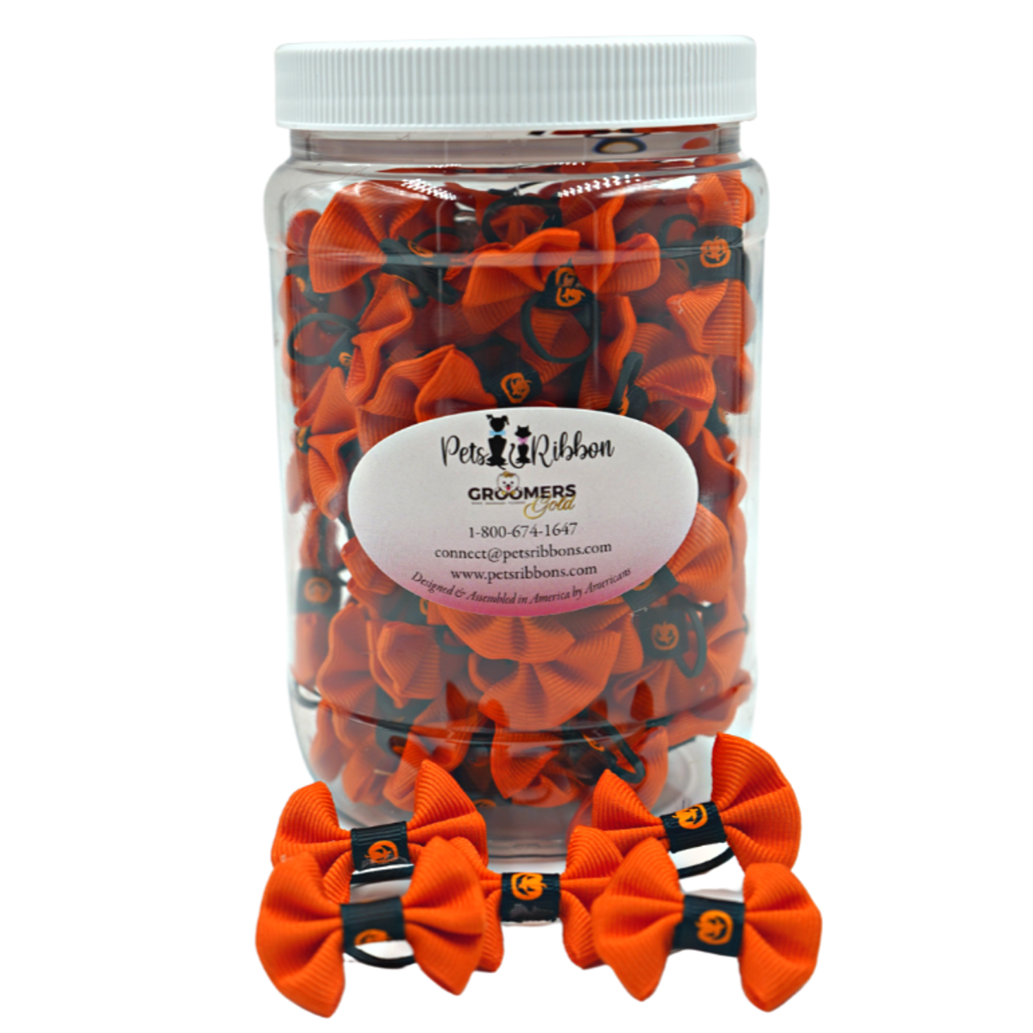 Pets Ribbons GG109P | 50-100 Halloween Pumpkin Trim Dog Cat Pet Bows in a Jar 1"|Pets Ribbons Pet Accessories