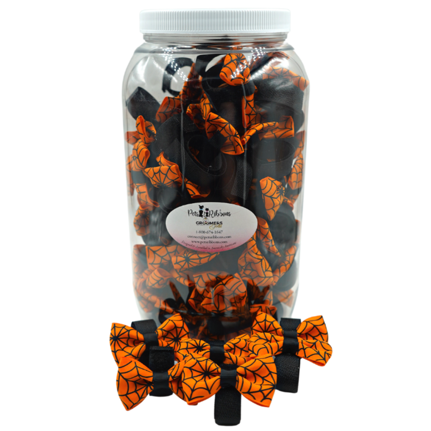 Pets Ribbons GG109SV | 50-100 Velcro Attachment Halloween Spiderweb Dog|Cat bows in Jar|Pets Ribbons Pet Accessories