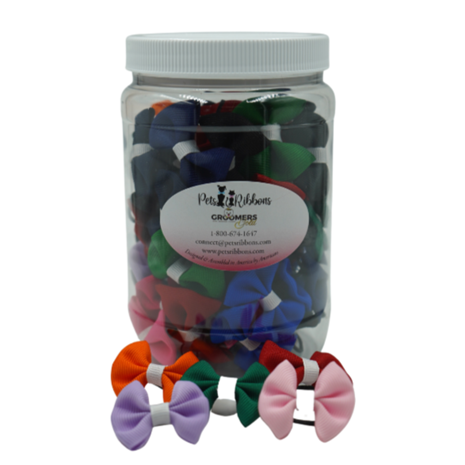 Pets Ribbons GG101 | 50-100 Assorted White Trim Groomer Dog / cat Bows in Jar|Pets Ribbons Pet Accessories
