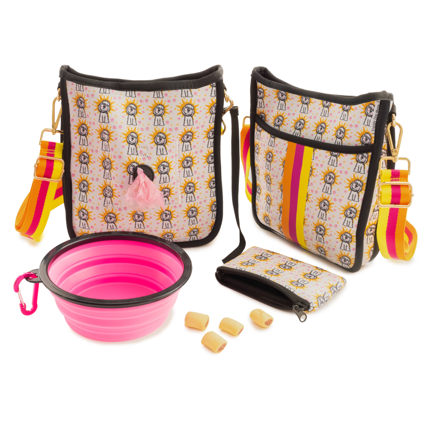 Trendy Dog Mom "The Golden One" Goldendoodle Dog Walking Messenger Bag Set Food & Water Bowls
